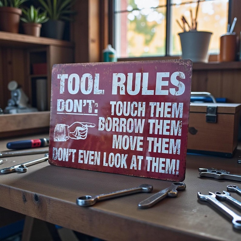 A distressed red metal sign with white text reading TOOL RULES and listing rules about not touching, borrowing, moving, or looking at tools, placed on a wooden workbench surrounded by scattered wrenches.