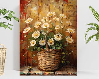 Rustic Daisy Flower Basket Wall Art, Vintage Cottagecore Floral Metal Sign, Country Farmhouse