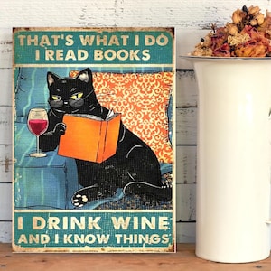 Book Cat Wine lover vintage home art gift Metal sign plaque