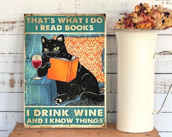 Book Cat Wine lover vintage home art gift Metal sign plaque