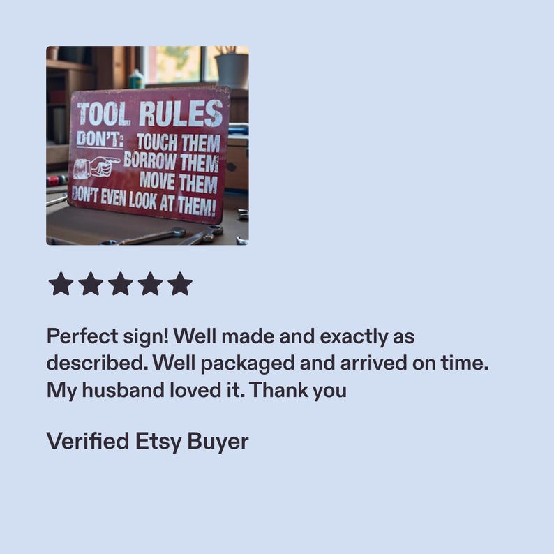 A screenshot showing the tool rules sign thumbnail and a five-star review from a verified Etsy buyer.
