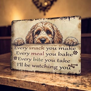 Cockapoo dog watching you sign, vintage metal kitchen plaque, wall art