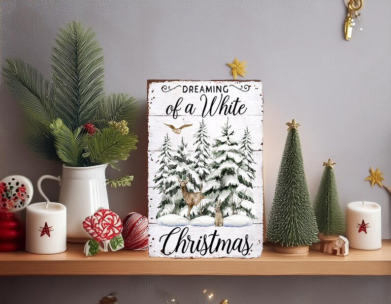 May include: A wooden sign with the text "Dreaming of a White Christmas" and a winter scene with deer and snow-covered trees. The sign is displayed on a wooden shelf with Christmas decorations, including candles, small Christmas trees, and greenery.