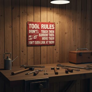 Tool Rules metal sign hanging on a rustic wood-paneled workshop wall.