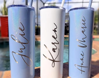 ENGRAVED! Elegant Personalized Glitter Tumbler: Dusty Blue Slate Wedding Drinkware