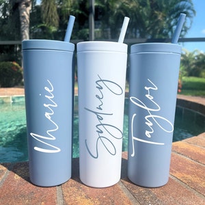 FUN Dusty Blue Acrylic Skinny Tumbler With Straw Personalized Tumbler with Straw Party Favor Bridesmaid Gift Bachelorette Party Gift