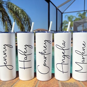 Skinny Tumbler With Straw White Custom Cup Personalized Tumbler with Straw Bridesmaid Gift Bachelorette Party Gift Birthday Gift