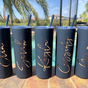 Matte Navy Skinny Tumbler With Straw Birthday Gift Personalized Tumbler with Straw Bridesmaid Gift Bachelorette Party Gift Custom Cup