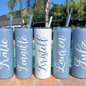 Glitter Dusty Blue tumblers!  Classy slate blue tumblers to match popular slate blue wedding trends  The center tumbler is Glitter White