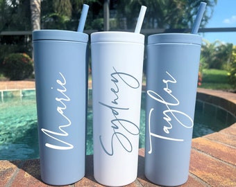 Personalized Slate Blue Acrylic Tumbler with Straw:  Wedding Bridesmaid Gift