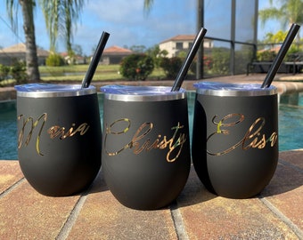 Personalized Matte Black Wine Tumbler with Straw Personalized Tumbler Bridesmaid Gift Bachelorette Party Tumbler Cup
