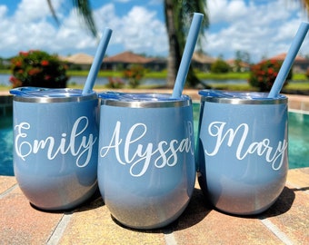 Personalized Glitter Dusty Blue Wine Tumbler with Straw - Bridesmaid Gift, Bachelorette Party Cup