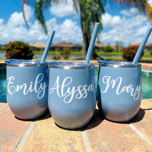 Glitter Dusty Blue Wine Tumbler with Straw Personalized Tumbler Bridesmaid Gift Bachelorette Party Cup  Birthday Gift Tumbler Slate Blue Cup