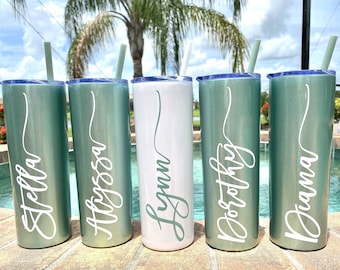 Glitter Seascape Glitter White Tumbler With Straw Tumbler  Personalized Bachelorette Party Gift Custom Tumbler Sage Cups Bridal Cups