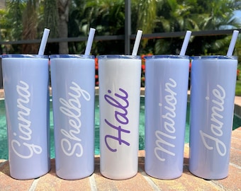 Glitter Lavender Skinny Tumbler With Straw Personalized Tumbler Cup Bridesmaid Gift Bachelorette Party Gift