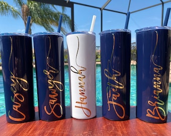Back in Stock, Limited Quantity!  Personalized Navy Blue Skinny Tumbler With Straw – Bridesmaid, Bachelorette Party Gift
