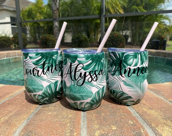 Tropical Wine Tumbler with Straw Personalized Cup Bridesmaid Gift Bachelorette Party Gift Custom Marble Cups too