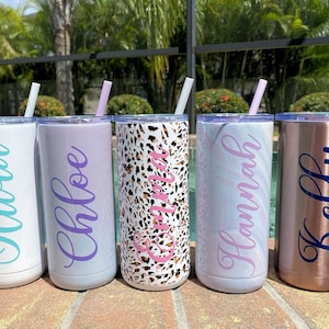 Slide Lid Skinny Tumbler with Straw 16 oz  Flower Girl Cup Personalized Tumbler with Straw Bridesmaid Gift