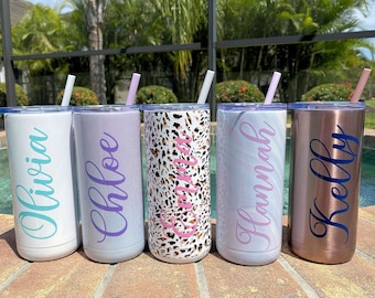 Slide Lid Skinny Tumbler with Straw 16 oz  Flower Girl Cup Personalized Tumbler with Straw Bridesmaid Gift