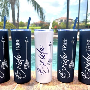PRINT, No Vinyl  Matte Navy Bride Tribe Cup with Arrow White Tumblers with Straw Bride Crew Bachelorette Party Cups