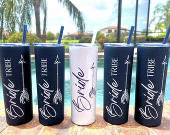 PRINT, No Vinyl  Matte Navy Bride Tribe Cup with Arrow White Tumblers with Straw Bride Crew Bachelorette Party Cups