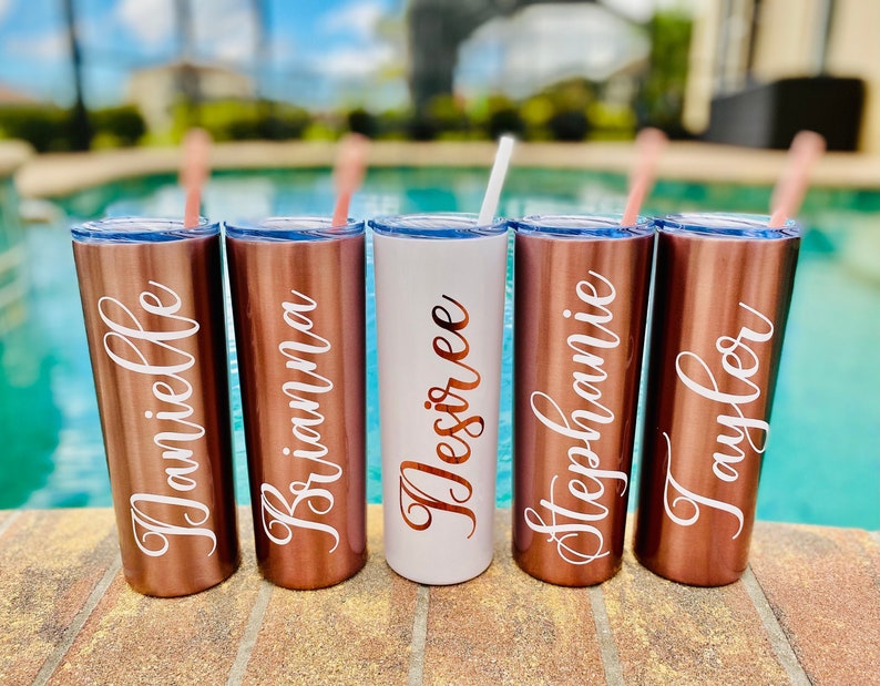 Rose Gold Skinny Tumbler With Straw Personalized Tumbler Etsy