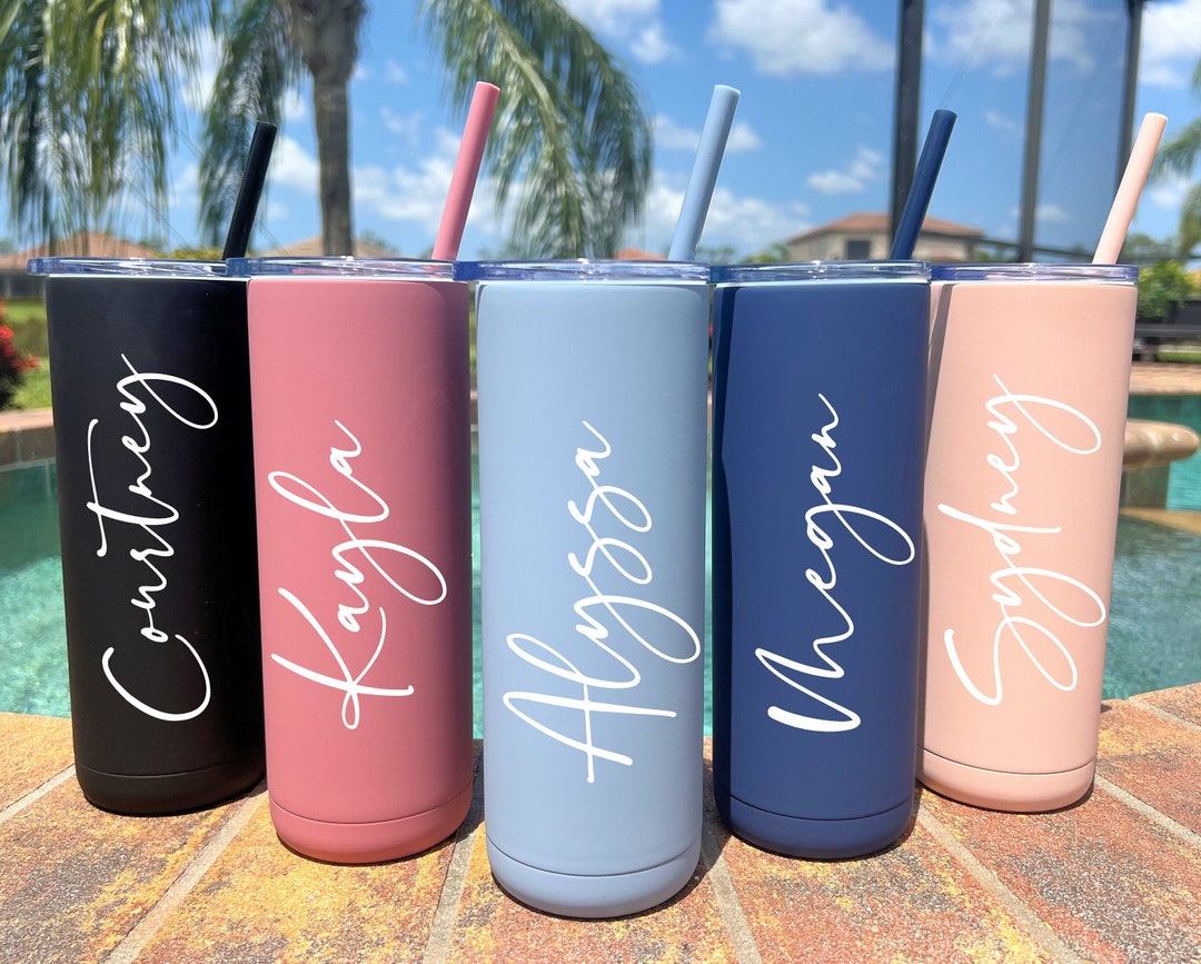 NEW Soft Matte Personalized Tumblers With Straw and Slide Lid Closure Dusty Blue Dusty Rose