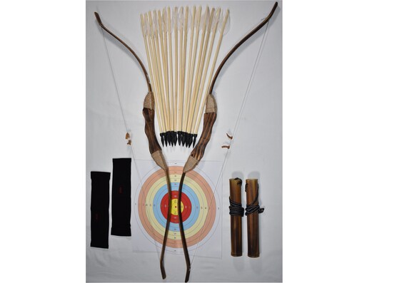 Enhanced Wooden Bow And Arrow For Kids 2 Bows Quivers 16 Arrows W Feathers 10 Large Targets Armguards Great Archery Set Beginner