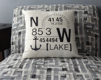 Lake Pillow, GPS coordinates pillow, Address pillow, Boating Pillow, Lake House Decor, Cottage Décor, Cottage Pillow, Pillow with Sayings