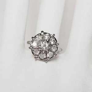 Stunning Diamond Cluster Estate Ring - Size 6.75 - 14K White Gold - 9 Diamonds - Round -Cocktail Anniversary Engagement - 1 ct TW