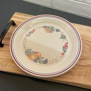 May include: A white ceramic dinner plate with a blue, red, and green fruit design. The plate has a thin blue and red rim.