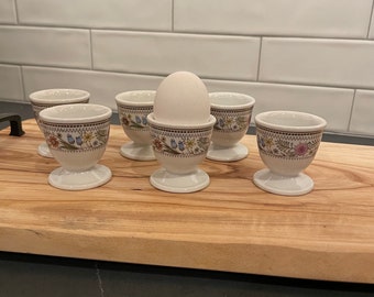 Vintage Schonwald SCD104 Egg Cups Set of 6 - Floral Band Black Trim - Porcelain - Made in Germany - Easter Spring Tableware - Boiled Eggs