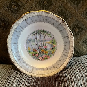Royal Albert Silver Birch Pattern Fruit Bowl - Bone China - Made in England - Gold Trimmed - 5 1/4&quot; Diameter