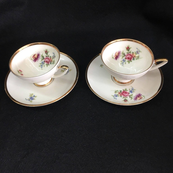 Set of 2 Espresso Demitasse Cups and Saucers Alka Bavaria Meissen - Ivory - Floral - Gold Trim - 1938-1958