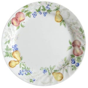 May include: White ceramic plate with a decorative fruit design. The plate features painted illustrations of pears, apples, and blueberries, along with floral accents. The fruit and floral elements are arranged around the plate's rim.