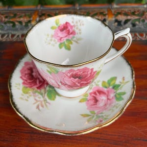 Royal Albert American Beauty Tea Cup and Saucer - Bone China - Gold Trim - Made in England - Replacement - Discontinued - Pink Roses