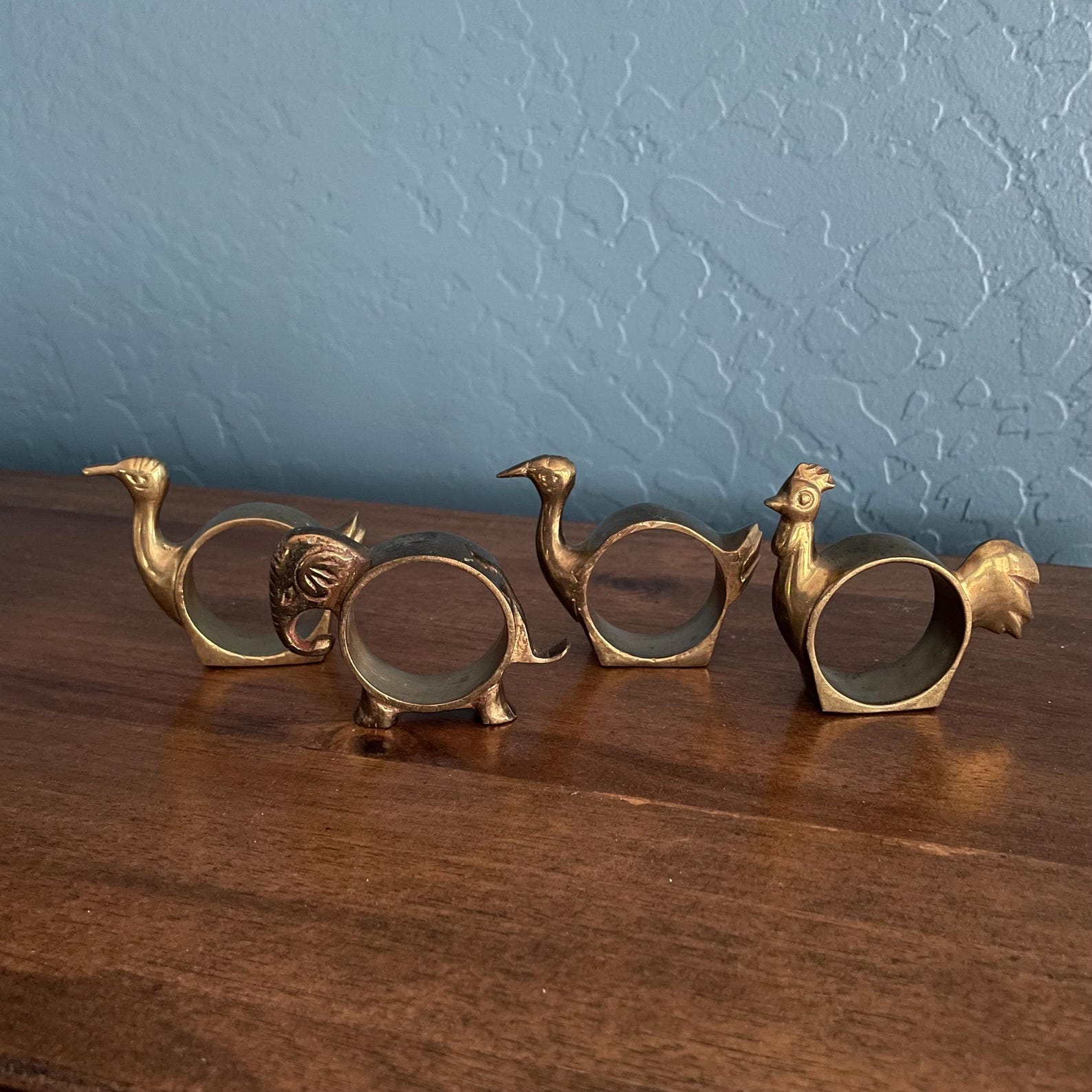 Set of 4 Vintage Brass Animal Napkin Holders - Mix Match - Bird Rooster Elephant - Boho Style