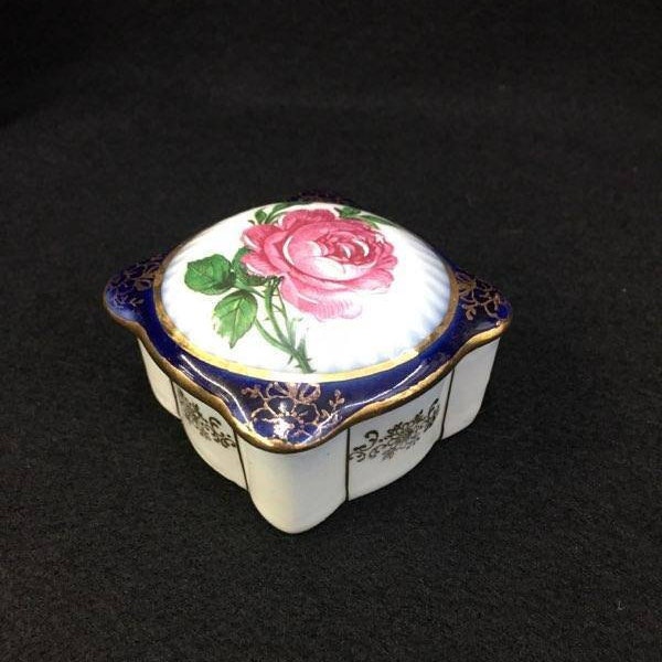 Vintage Elfinware Germany Trinket Box - Porcelain - Jewelry - Ring - Hand painted - Pink Rose on Cobalt and White