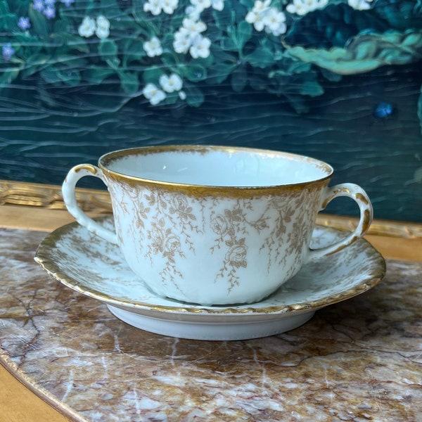 T & V Limoges France Porcelain Bullion Soup Cup and Underplate Saucer - White Gold - Floral Roses Pattern Scalloped Edges