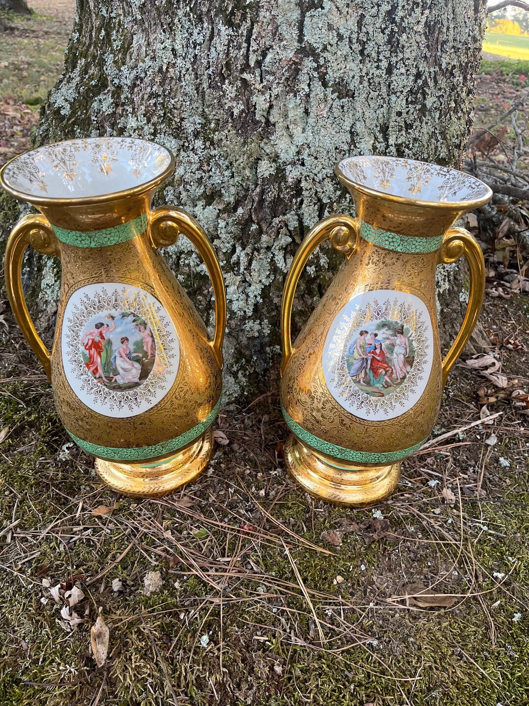 Le Mieux 24 Karat Gold Handled Vase Victorian Scene China Two Available