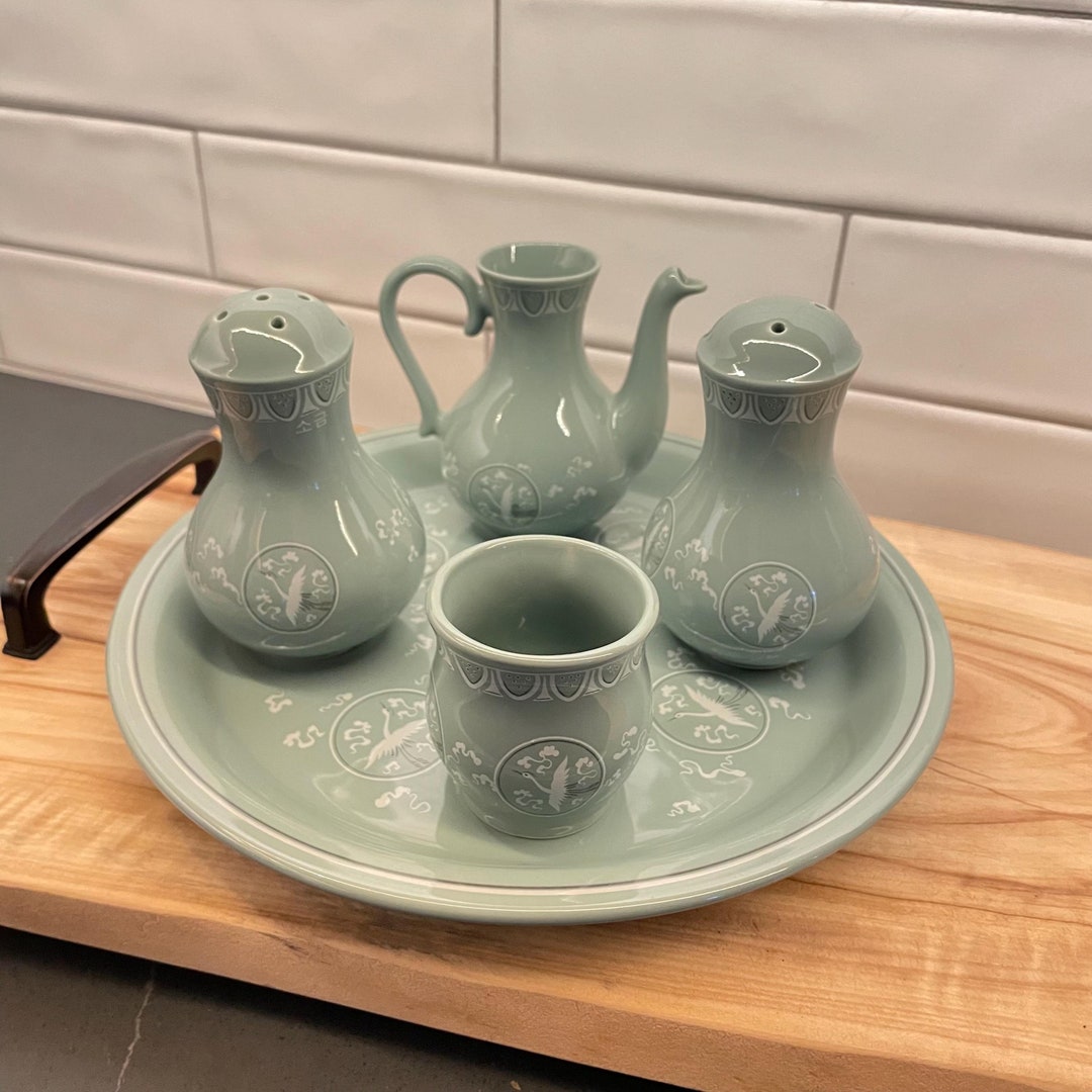 Celadon Condiment Set Crane Bird Motif Jade Seafoam Green - 5 Piece ...