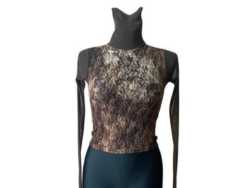 Vintage dames bruine stretch crop top mock hals coltrui kant mesh top maat S lange mouw Fondotinta Italië tule strakke top strechy