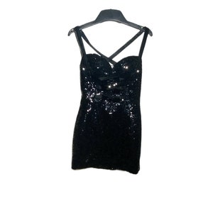 Vintage women&#39;s black sequin mini dress bow party dress mini dress