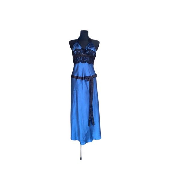 Navy Blue Formal Dress Vintage Backless Padded Bra Party Vtg Festival Long Sleeveless V Neck Waistband Halter Dress Extended Train Size 6