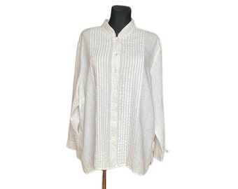 Vintage mujer lino blanco talla 22W JM colección mujer abotonada camisa mangas largas con pliegues