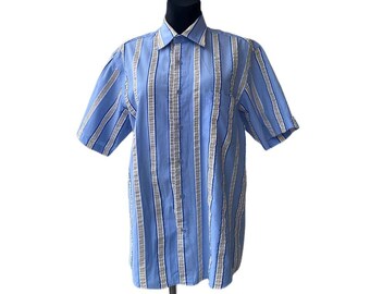 Vintage Pierre Cardin hombre camisa azul botón hacia abajo 90s Y2K rayas mangas cortas diseñador tamañoM