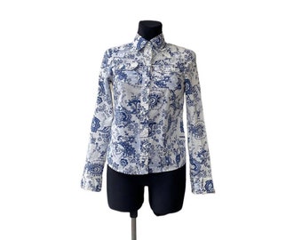 Camicetta da donna bianca in cotone blu con stampa floreale top Y2K tasche boho vintage taglia XS Old Navy