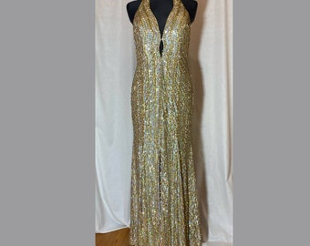 Vintage Evening Dress Gown Gold Beaded Sequin Party Maxi Dress New Year Padded Bra  Terani