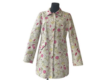 Vintage women trench coat large button up spring apple print spring size L Loft