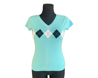 Argyle azul claro vintage para suéter superior de mujer Y2K algodón preppy mangas cortas tamaño XS New York & Company